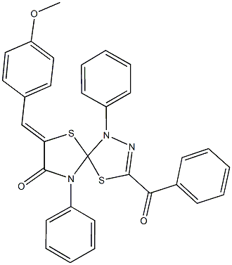 3-benzoyl-7-(4-methoxybenzylidene)-1,9-diphenyl-4,6-dithia-1,2,9-triazaspiro[4.4]non-2-en-8-one Struktur