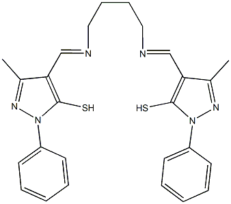 3-methyl-4-{[(4-{[(3-methyl-1-phenyl-5-sulfanyl-1H-pyrazol-4-yl)methylene]amino}butyl)imino]methyl}-1-phenyl-1H-pyrazole-5-thiol Struktur