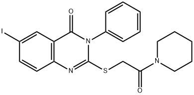 6-iodo-2-{[2-oxo-2-(1-piperidinyl)ethyl]sulfanyl}-3-phenyl-4(3H)-quinazolinone Struktur