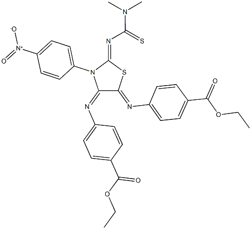 ethyl 4-[(2-{[(dimethylamino)carbothioyl]imino}-5-{[4-(ethoxycarbonyl)phenyl]imino}-3-{4-nitrophenyl}-1,3-thiazolidin-4-ylidene)amino]benzoate Struktur