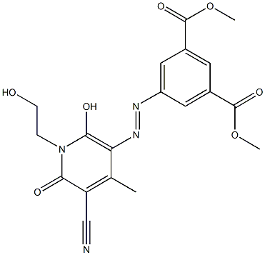 dimethyl 5-{[5-cyano-2-hydroxy-1-(2-hydroxyethyl)-4-methyl-6-oxo-1,6-dihydropyridin-3-yl]diazenyl}isophthalate Struktur