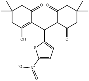 2-((2-hydroxy-4,4-dimethyl-6-oxo-1-cyclohexen-1-yl){5-nitro-2-thienyl}methyl)-5,5-dimethyl-1,3-cyclohexanedione Struktur