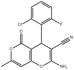 2-amino-4-(2-chloro-6-fluorophenyl)-7-methyl-5-oxo-4H,5H-pyrano[4,3-b]pyran-3-carbonitrile Struktur