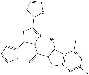 2-{[3,5-di(2-furyl)-4,5-dihydro-1H-pyrazol-1-yl]carbonyl}-4,6-dimethylthieno[2,3-b]pyridin-3-ylamine Struktur