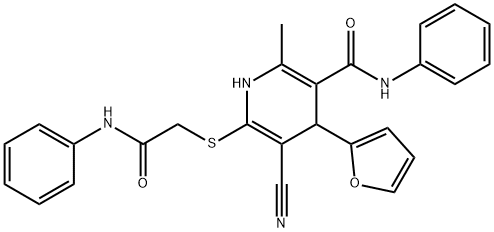 6-[(2-anilino-2-oxoethyl)sulfanyl]-5-cyano-4-(2-furyl)-2-methyl-N-phenyl-1,4-dihydro-3-pyridinecarboxamide Struktur