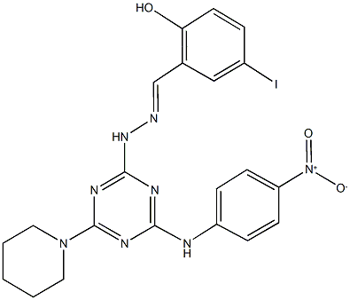 2-hydroxy-5-iodobenzaldehyde [4-{4-nitroanilino}-6-(1-piperidinyl)-1,3,5-triazin-2-yl]hydrazone Struktur