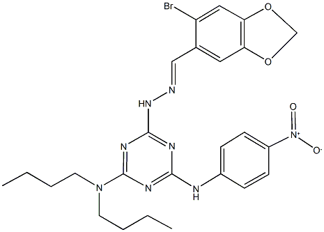 6-bromo-1,3-benzodioxole-5-carbaldehyde (4-(dibutylamino)-6-{4-nitroanilino}-1,3,5-triazin-2-yl)hydrazone Struktur