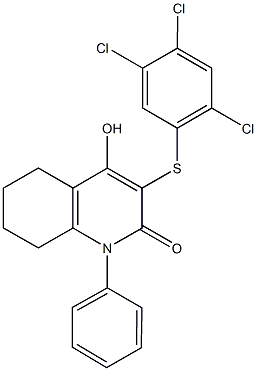 4-hydroxy-1-phenyl-3-[(2,4,5-trichlorophenyl)sulfanyl]-5,6,7,8-tetrahydro-2(1H)-quinolinone Struktur