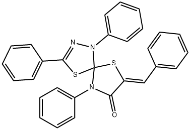 7-benzylidene-1,3,9-triphenyl-4,6-dithia-1,2,9-triazaspiro[4.4]non-2-en-8-one Struktur