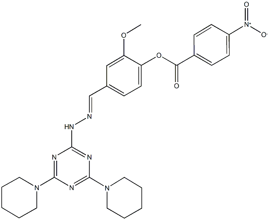 4-{2-[4,6-di(1-piperidinyl)-1,3,5-triazin-2-yl]carbohydrazonoyl}-2-methoxyphenyl 4-nitrobenzoate Struktur