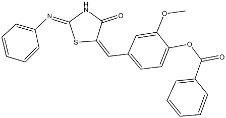 2-methoxy-4-{[4-oxo-2-(phenylimino)-1,3-thiazolidin-5-ylidene]methyl}phenyl benzoate Struktur