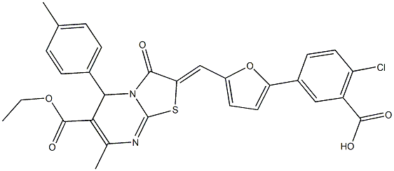 2-chloro-5-{5-[(6-(ethoxycarbonyl)-7-methyl-5-(4-methylphenyl)-3-oxo-5H-[1,3]thiazolo[3,2-a]pyrimidin-2(3H)-ylidene)methyl]-2-furyl}benzoic acid Struktur