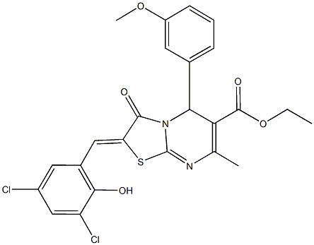 ethyl 2-(3,5-dichloro-2-hydroxybenzylidene)-5-(3-methoxyphenyl)-7-methyl-3-oxo-2,3-dihydro-5H-[1,3]thiazolo[3,2-a]pyrimidine-6-carboxylate Struktur