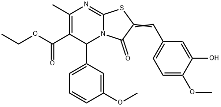 ethyl 2-(3-hydroxy-4-methoxybenzylidene)-5-(3-methoxyphenyl)-7-methyl-3-oxo-2,3-dihydro-5H-[1,3]thiazolo[3,2-a]pyrimidine-6-carboxylate Struktur