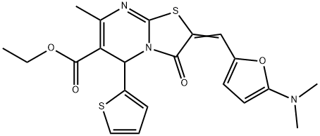 ethyl 2-{[5-(dimethylamino)-2-furyl]methylene}-7-methyl-3-oxo-5-(2-thienyl)-2,3-dihydro-5H-[1,3]thiazolo[3,2-a]pyrimidine-6-carboxylate Struktur