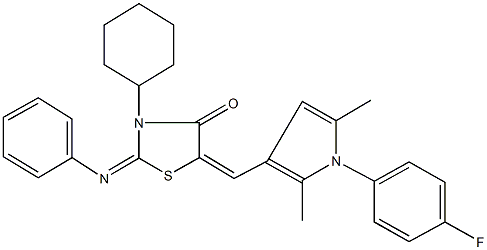 3-cyclohexyl-5-{[1-(4-fluorophenyl)-2,5-dimethyl-1H-pyrrol-3-yl]methylene}-2-(phenylimino)-1,3-thiazolidin-4-one Struktur