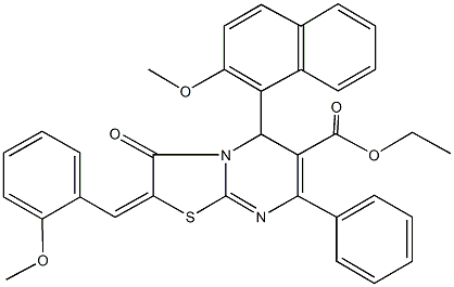 ethyl 2-(2-methoxybenzylidene)-5-(2-methoxy-1-naphthyl)-3-oxo-7-phenyl-2,3-dihydro-5H-[1,3]thiazolo[3,2-a]pyrimidine-6-carboxylate Struktur