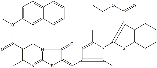 ethyl 2-{3-[(6-acetyl-5-(2-methoxy-1-naphthyl)-7-methyl-3-oxo-5H-[1,3]thiazolo[3,2-a]pyrimidin-2(3H)-ylidene)methyl]-2,5-dimethyl-1H-pyrrol-1-yl}-4,5,6,7-tetrahydro-1-benzothiophene-3-carboxylate Struktur