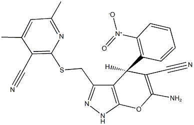 6-amino-3-{[(3-cyano-4,6-dimethyl-2-pyridinyl)sulfanyl]methyl}-4-(2-nitrophenyl)-1,4-dihydropyrano[2,3-c]pyrazole-5-carbonitrile Struktur