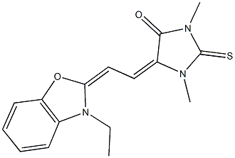 5-[2-(3-ethyl-1,3-benzoxazol-2(3H)-ylidene)ethylidene]-1,3-dimethyl-2-thioxo-4-imidazolidinone Struktur