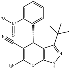 6-amino-3-tert-butyl-4-{2-nitrophenyl}-1,4-dihydropyrano[2,3-c]pyrazole-5-carbonitrile Struktur