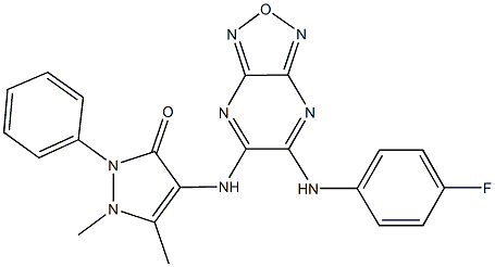 4-{[6-(4-fluoroanilino)[1,2,5]oxadiazolo[3,4-b]pyrazin-5-yl]amino}-1,5-dimethyl-2-phenyl-1,2-dihydro-3H-pyrazol-3-one Struktur