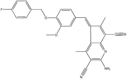 2-amino-5-{4-[(4-fluorobenzyl)oxy]-3-methoxybenzylidene}-4,6-dimethyl-5H-cyclopenta[b]pyridine-3,7-dicarbonitrile Struktur