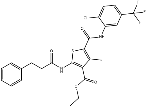 ethyl 5-{[2-chloro-5-(trifluoromethyl)anilino]carbonyl}-4-methyl-2-[(3-phenylpropanoyl)amino]-3-thiophenecarboxylate Struktur