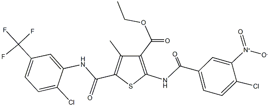 ethyl 2-({4-chloro-3-nitrobenzoyl}amino)-5-{[2-chloro-5-(trifluoromethyl)anilino]carbonyl}-4-methyl-3-thiophenecarboxylate Struktur