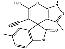 6-amino-5-cyano-5'-fluoro-3-methyl-1,1',3',4-tetrahydro-2'-oxospiro(pyrano[2,3-c]pyrazole-4,3'-[2'H]-indole) Struktur