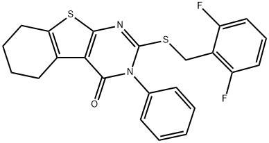 2-[(2,6-difluorobenzyl)sulfanyl]-3-phenyl-5,6,7,8-tetrahydro[1]benzothieno[2,3-d]pyrimidin-4(3H)-one Struktur