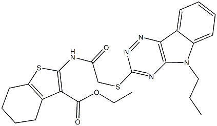 ethyl 2-({[(5-propyl-5H-[1,2,4]triazino[5,6-b]indol-3-yl)sulfanyl]acetyl}amino)-4,5,6,7-tetrahydro-1-benzothiophene-3-carboxylate Struktur