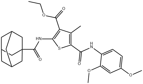 ethyl 2-[(1-adamantylcarbonyl)amino]-5-[(2,4-dimethoxyanilino)carbonyl]-4-methyl-3-thiophenecarboxylate Struktur