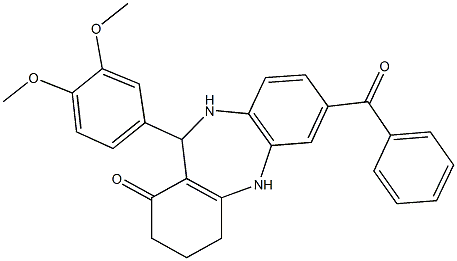 7-benzoyl-11-(3,4-dimethoxyphenyl)-2,3,4,5,10,11-hexahydro-1H-dibenzo[b,e][1,4]diazepin-1-one Struktur