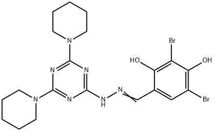 3,5-dibromo-2,4-dihydroxybenzaldehyde [4,6-di(1-piperidinyl)-1,3,5-triazin-2-yl]hydrazone Struktur