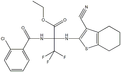 ethyl 2-[(2-chlorobenzoyl)amino]-2-[(3-cyano-4,5,6,7-tetrahydro-1-benzothiophen-2-yl)amino]-3,3,3-trifluoropropanoate Struktur