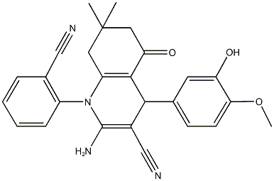 2-amino-1-(2-cyanophenyl)-4-(3-hydroxy-4-methoxyphenyl)-7,7-dimethyl-5-oxo-1,4,5,6,7,8-hexahydro-3-quinolinecarbonitrile Struktur