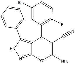 6-amino-4-(5-bromo-2-fluorophenyl)-3-phenyl-2,4-dihydropyrano[2,3-c]pyrazole-5-carbonitrile Struktur