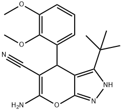 6-amino-3-tert-butyl-4-(2,3-dimethoxyphenyl)-1,4-dihydropyrano[2,3-c]pyrazole-5-carbonitrile Struktur