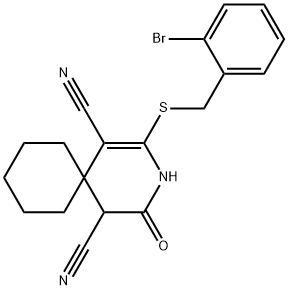 2-[(2-bromobenzyl)sulfanyl]-4-oxo-3-azaspiro[5.5]undec-1-ene-1,5-dicarbonitrile Struktur