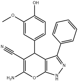 6-amino-4-(4-hydroxy-3-methoxyphenyl)-3-phenyl-1,4-dihydropyrano[2,3-c]pyrazole-5-carbonitrile Struktur