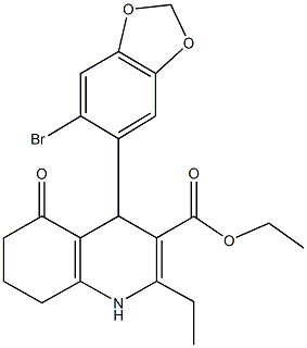 ethyl 4-(6-bromo-1,3-benzodioxol-5-yl)-2-ethyl-5-oxo-1,4,5,6,7,8-hexahydro-3-quinolinecarboxylate Struktur