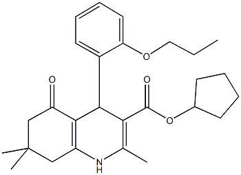 cyclopentyl 2,7,7-trimethyl-5-oxo-4-[2-(propyloxy)phenyl]-1,4,5,6,7,8-hexahydroquinoline-3-carboxylate Struktur