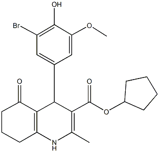 cyclopentyl 4-[3-bromo-4-hydroxy-5-(methyloxy)phenyl]-2-methyl-5-oxo-1,4,5,6,7,8-hexahydroquinoline-3-carboxylate Struktur