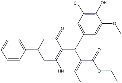 ethyl 4-[3-chloro-4-hydroxy-5-(methyloxy)phenyl]-2-methyl-5-oxo-7-phenyl-1,4,5,6,7,8-hexahydroquinoline-3-carboxylate Struktur