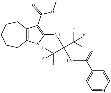 methyl 2-{[2,2,2-trifluoro-1-(isonicotinoylamino)-1-(trifluoromethyl)ethyl]amino}-5,6,7,8-tetrahydro-4H-cyclohepta[b]thiophene-3-carboxylate Struktur