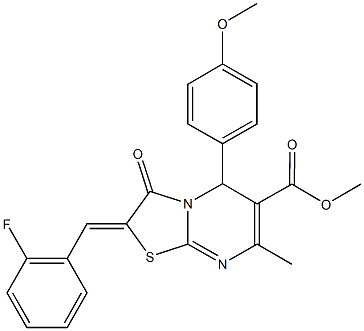 methyl 2-(2-fluorobenzylidene)-5-(4-methoxyphenyl)-7-methyl-3-oxo-2,3-dihydro-5H-[1,3]thiazolo[3,2-a]pyrimidine-6-carboxylate Struktur