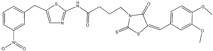 4-[5-(3,4-dimethoxybenzylidene)-4-oxo-2-thioxo-1,3-thiazolidin-3-yl]-N-(5-{3-nitrobenzyl}-1,3-thiazol-2-yl)butanamide Struktur