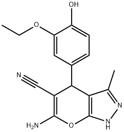 6-amino-4-(3-ethoxy-4-hydroxyphenyl)-3-methyl-2,4-dihydropyrano[2,3-c]pyrazole-5-carbonitrile Struktur