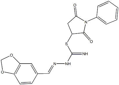 2,5-dioxo-1-phenyl-3-pyrrolidinyl 2-(1,3-benzodioxol-5-ylmethylene)hydrazinecarbimidothioate Struktur